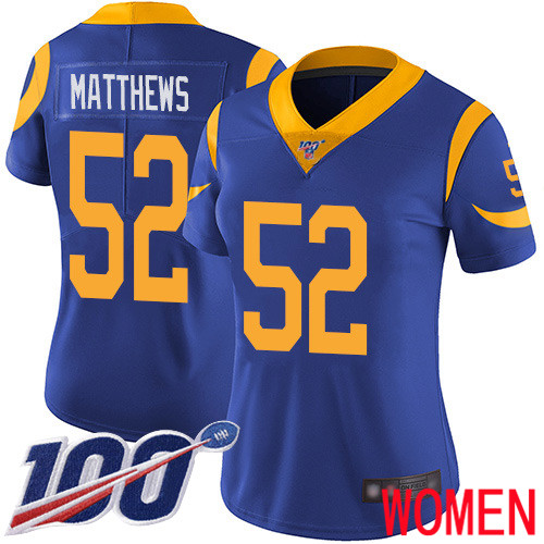 Los Angeles Rams Limited Royal Blue Women Clay Matthews Alternate Jersey NFL Football 52 100th Season Vapor Untouchable